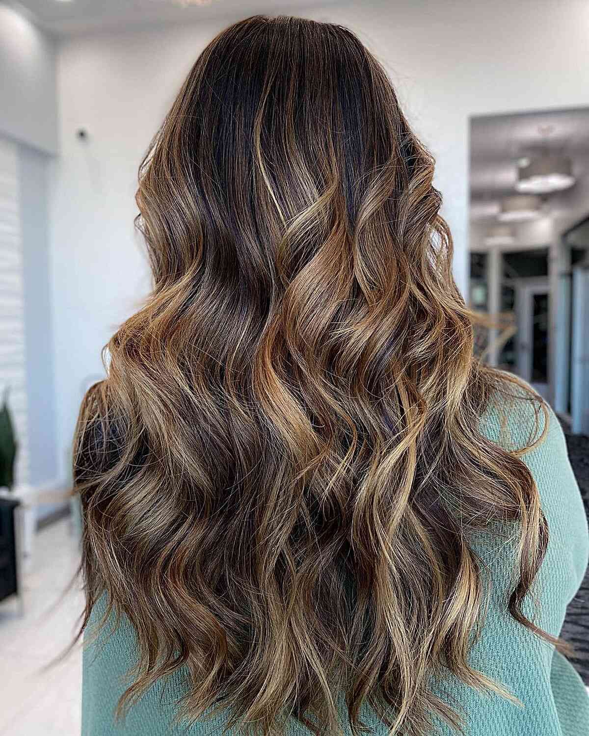 Layers Dark Brown With Caramel Blonde Balayage — Caramel Blonde Hair 2027