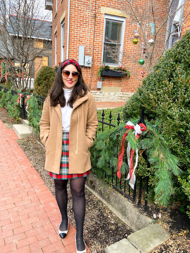 Plaid Mini Skirt with Camel Coat and Turtleneck — Plaid Christmas Outfits 2026