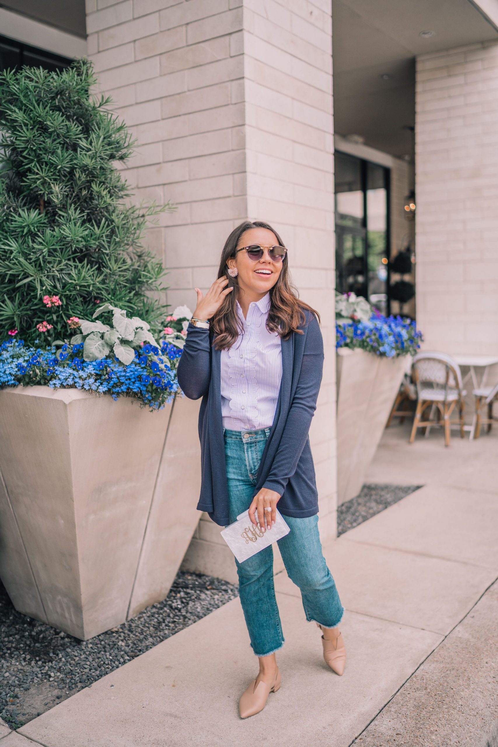 Striped Button-Down and Navy Cardigan: Effortless Preppy Casual Striped Button-Down and Navy Cardigan: Effortless Preppy Casual — Preppy Spring Outfits 2027