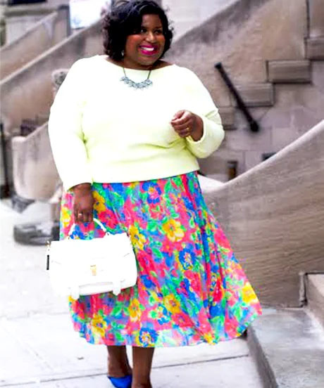 Pale Yellow Top with Floral A-Line Midi Skirt — Curvy Outfits 2027