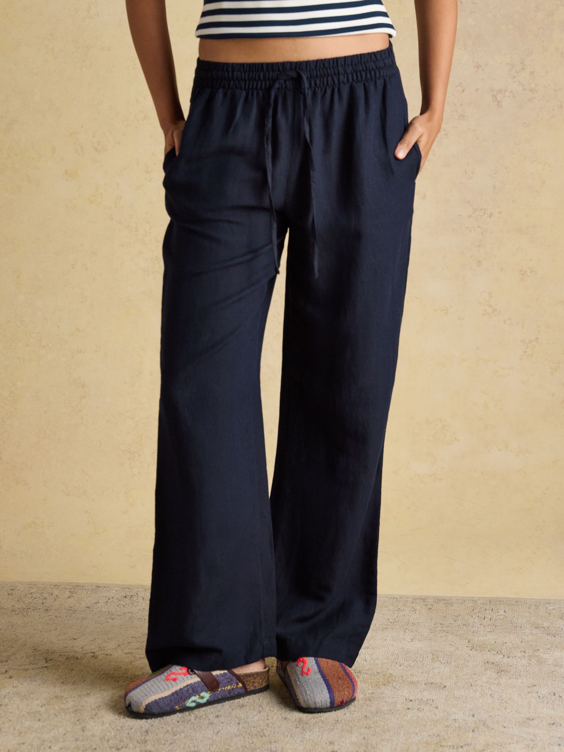 Striped Espadrille Mules Outfit Idea — Navy Blue Linen Pants Outfits 2027