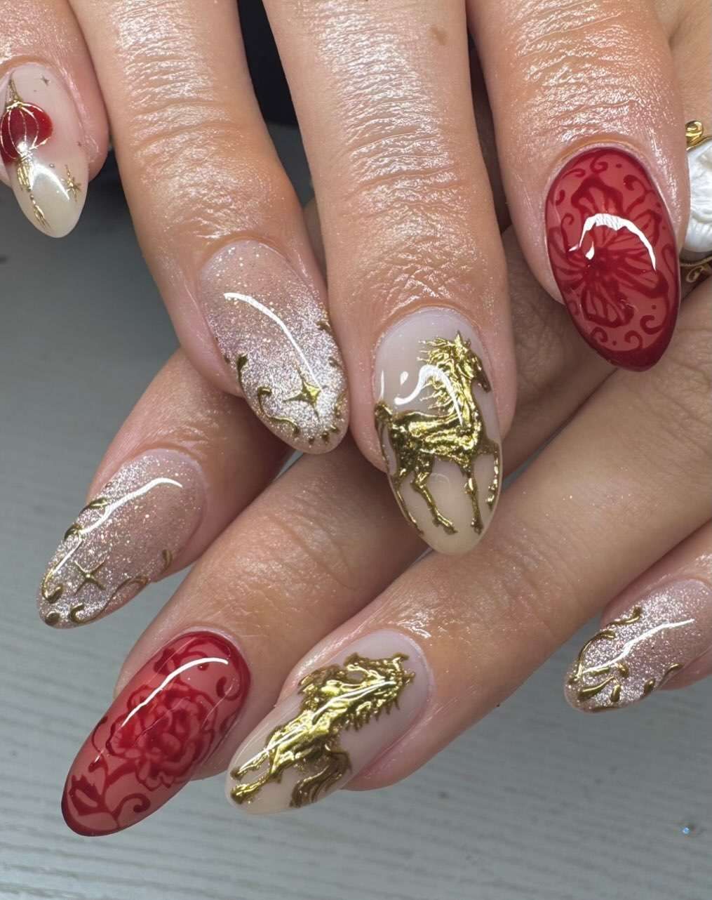 Gold Horse Motif Red Floral Almonds Gold Horse Motif Red Floral Almonds — Long Almond Nails 2027