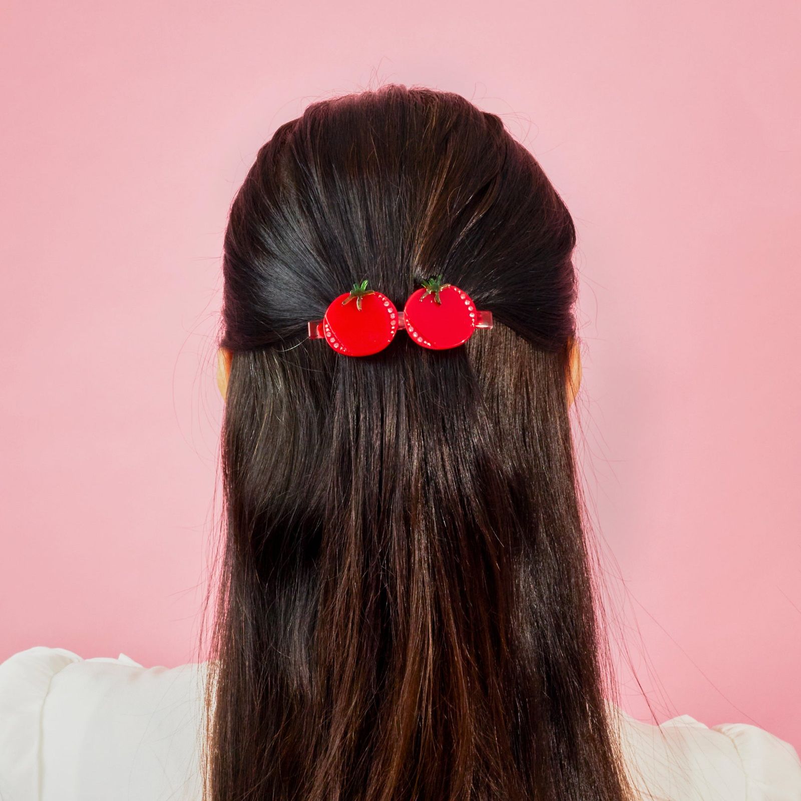Tomato Barrette on Dark Brown Straight Hair — Barrette Hairstyles 2027