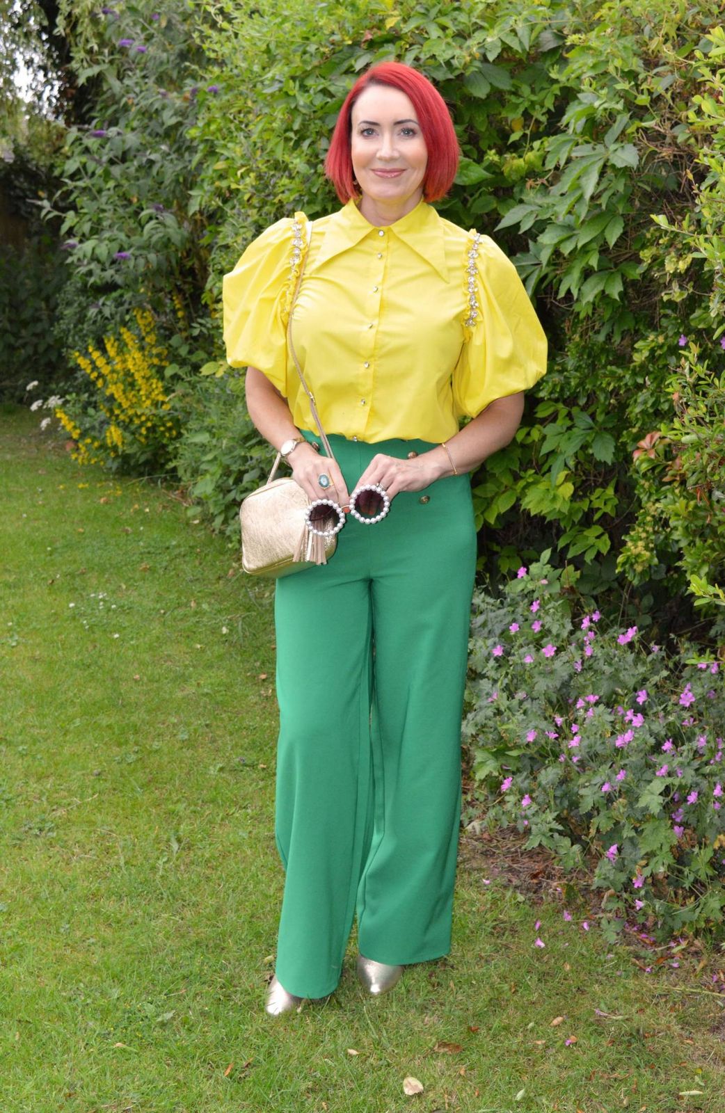 Yellow Collared Puff Sleeve Blouse with Green Wide-Leg Trousers Yellow Collared Puff Sleeve Blouse with Green Wide-Leg Trousers — Puff Sleeve Blouse Outfits 2027