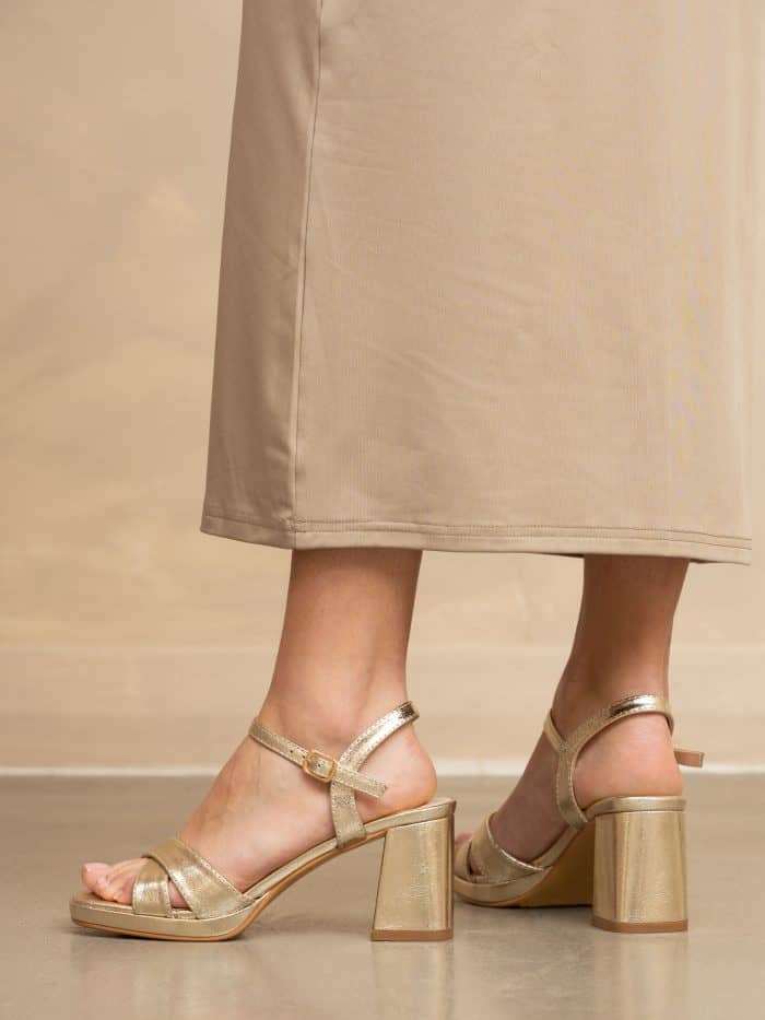 Metallic Shine: Gold Platforms with Beige Skirt Metallic Shine: Gold Platforms with Beige Skirt — Platform Heels Outfits 2027
