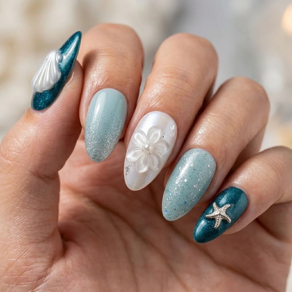 Deep Teal Seashell Charm Almonds — Coastal Nails 2027
