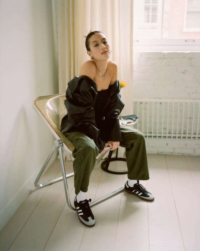Olive Cargo Pants and Off-the-Shoulder Top with Black & White Adidas Samba Olive Cargo Pants and Off-the-Shoulder Top with Black & White Adidas Samba — Adidas Samba Spring Outfits 2027