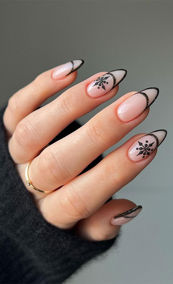 Sheer Nude Black Glitter French Stiletto Nails Sheer Nude Black Glitter French Stiletto Nails — Winter Black Nails 2027