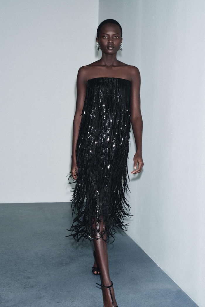 Black Sequin Midi Dress with Fringe and Strappy Heels — Sequin Dress New Years 2027