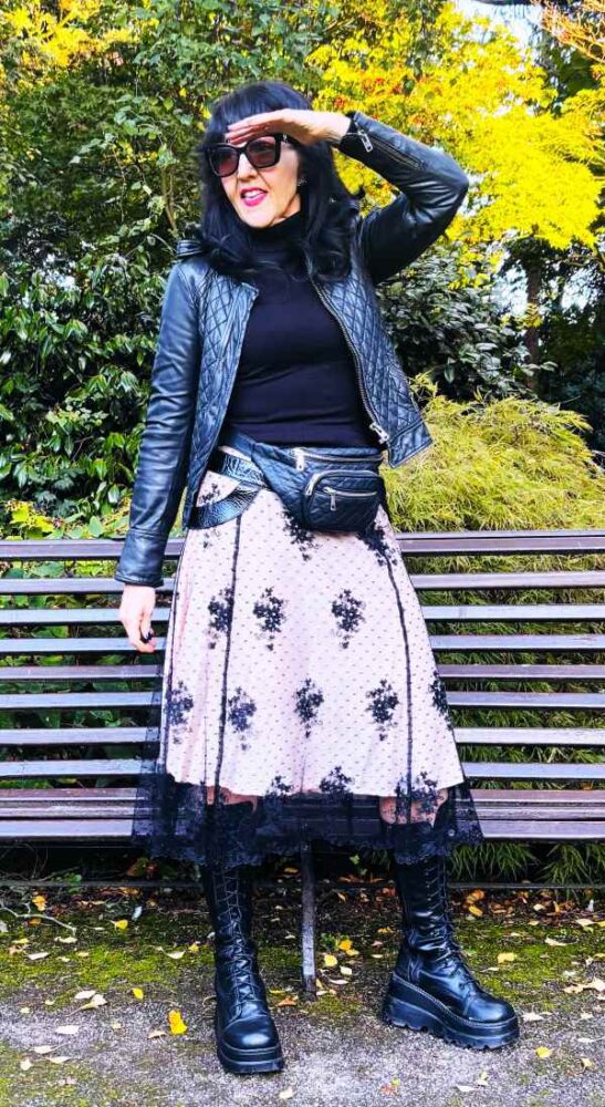 Autumn Statement: Pink Lace Skirt with Leather Jacket and Combat Boots — Lace Skirt Outfits 2027