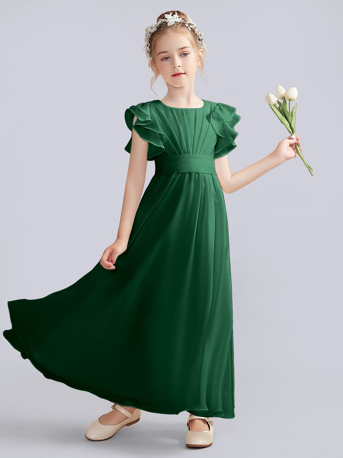 Emerald Green Chiffon with Flutter Sleeves and Square Neckline Emerald Green Chiffon with Flutter Sleeves and Square Neckline — Junior Bridesmaid Dress 2027