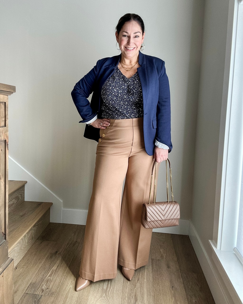 Navy Blazer and Wide-Leg Camel Trousers Navy Blazer and Wide-Leg Camel Trousers — Casual Work Outfits 2027