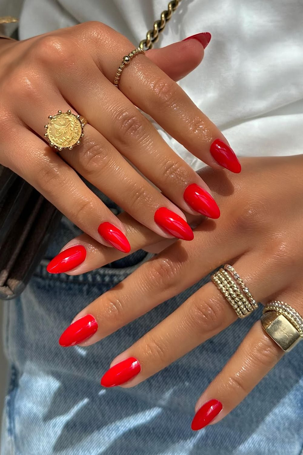 Vibrant Glossy Red Almond Nails Vibrant Glossy Red Almond Nails — Red Nails 2027 for Medium Skin