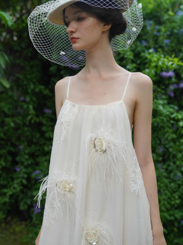 Ivory Sheer Slip Dress with Feather and Floral Embroidery — Fairycore Outfits 2027