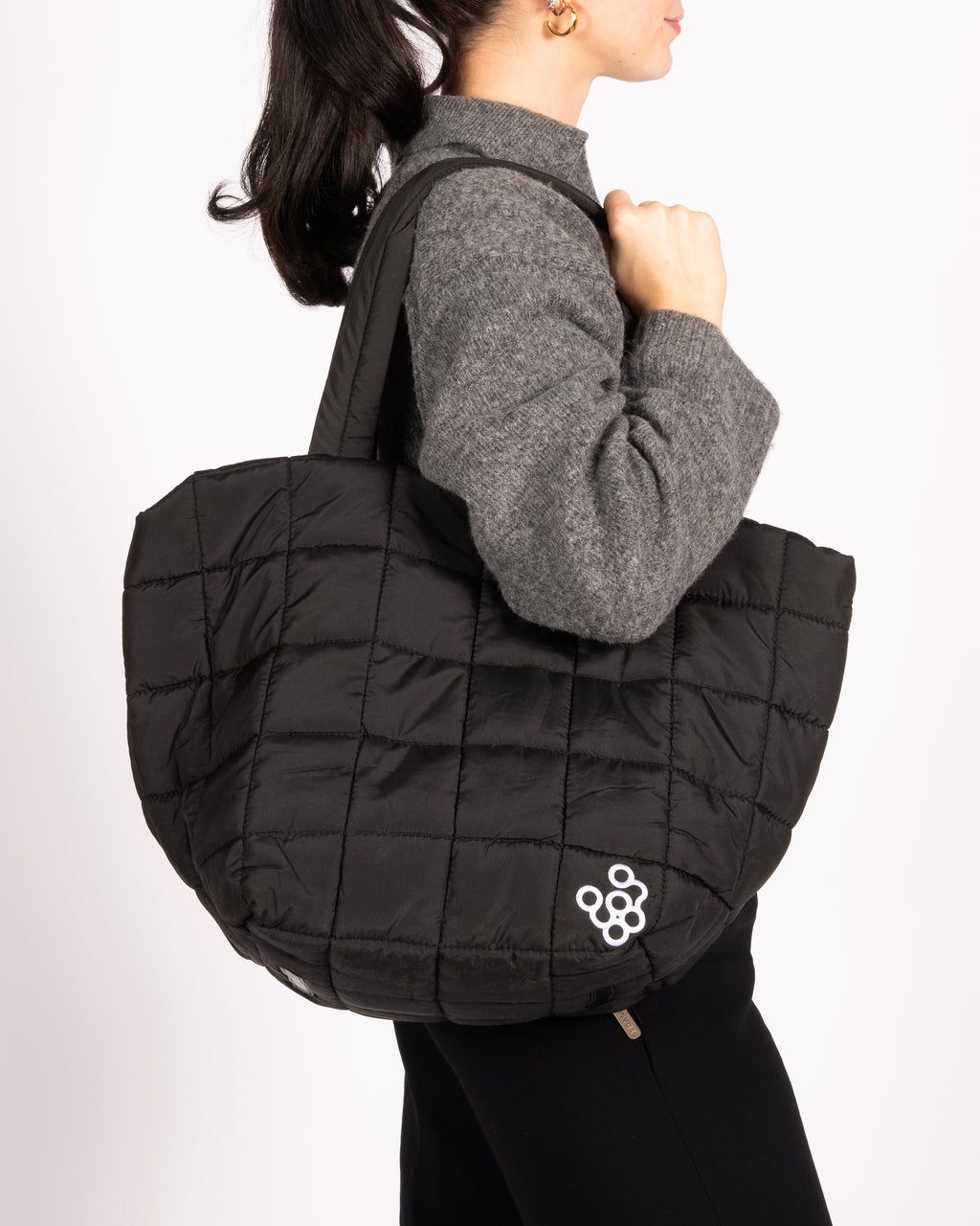Classic Grey Turtleneck with Black Puffer Tote — Puffer Bag Outfits 2027