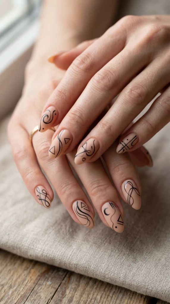 Medium Stiletto Nude with Black Abstract Lines Medium Stiletto Nude with Black Abstract Lines — Thin Line Nails 2027