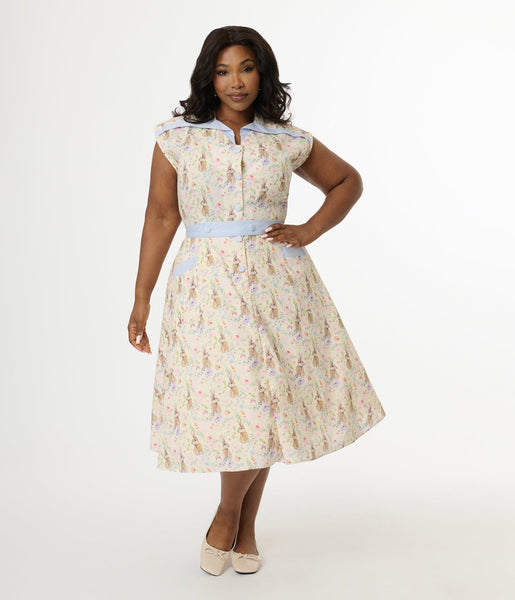 Cream Bunny and Floral Print Button-Front Midi Dress — Easter Dresses 2027