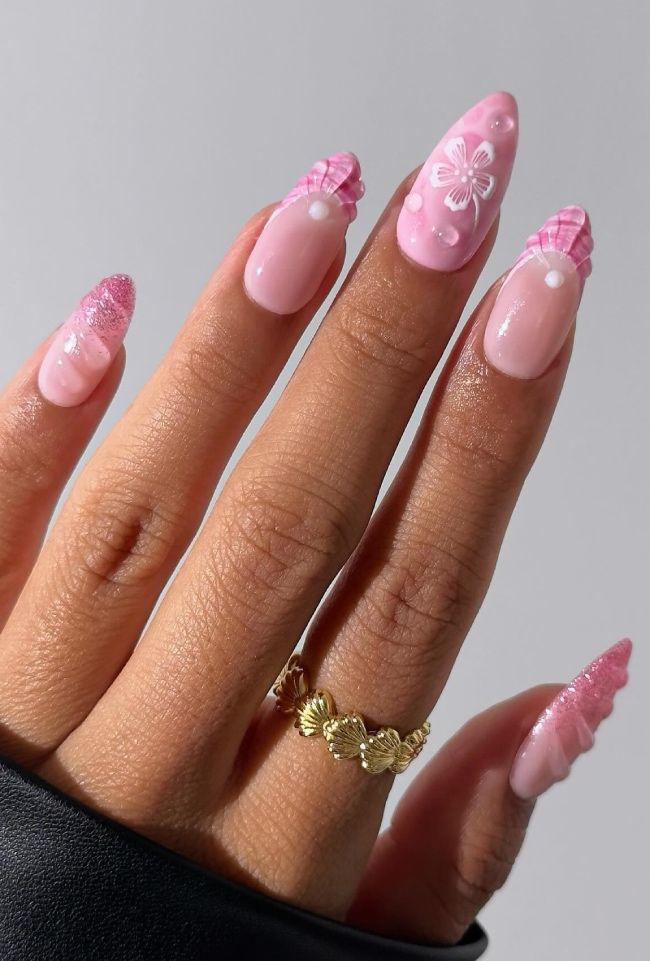 Glossy Sheer Delicate White Hibiscus Milky Pink Medium Almond Glossy Sheer Delicate White Hibiscus Milky Pink Medium Almond — Hibiscus Flower Nails 2027