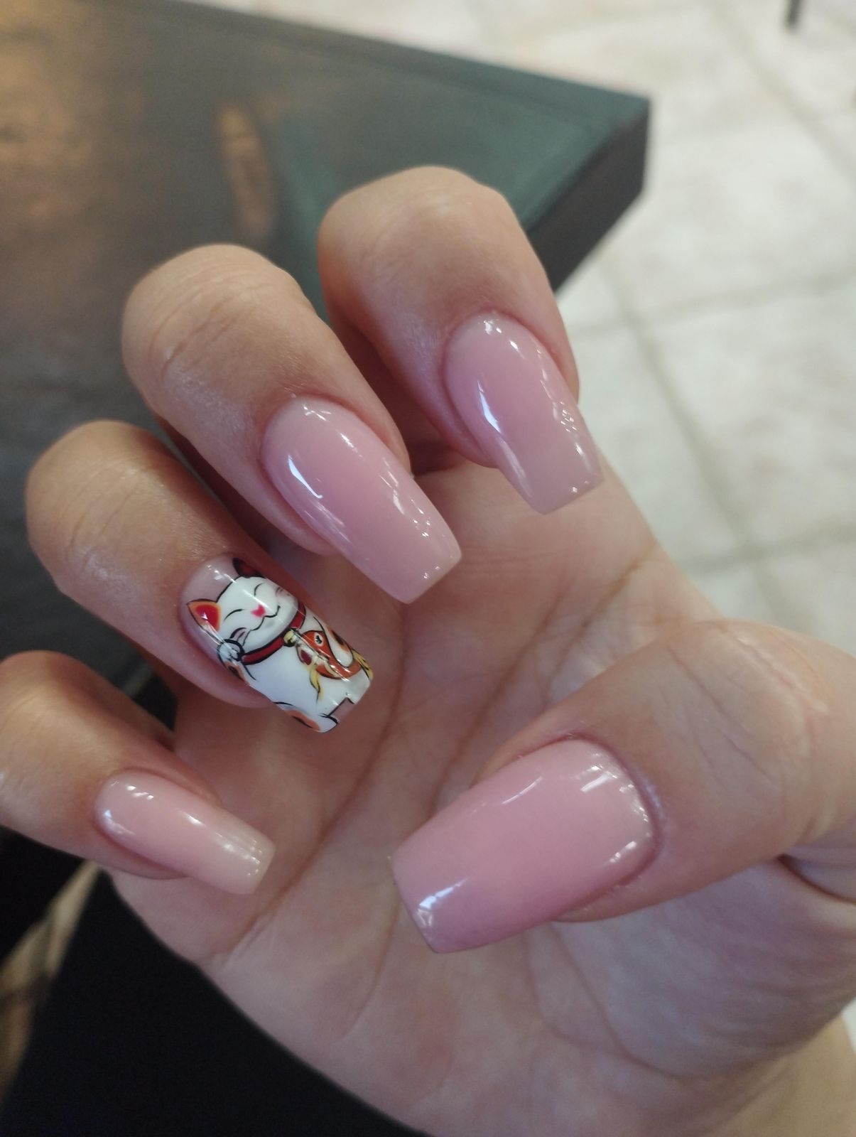 Milky Pink Maneki-neko Coffin Nails Milky Pink Maneki-neko Coffin Nails — Lucky Nails 2027