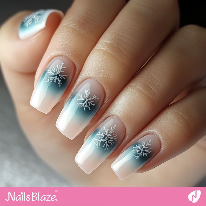 White Teal Snowflake Ombre — Winter Ombre Nails 2027