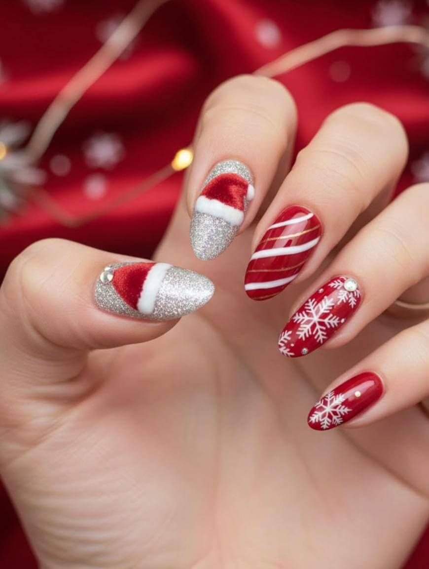 Medium Almond 3D Santa Hat Glitter Nails Medium Almond 3D Santa Hat Glitter Nails — Santa Nails 2026