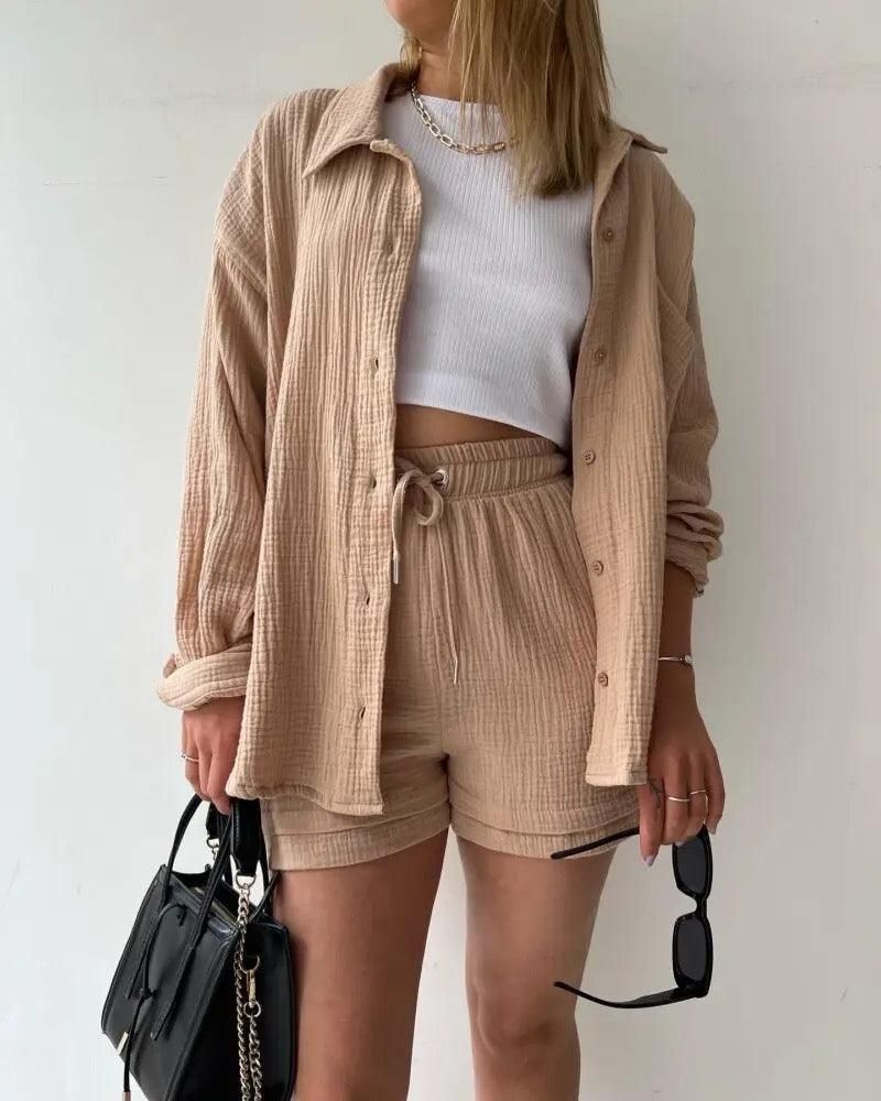 Crinkled Gauze Beige Shirt and Drawstring Shorts for Casual Comfort Crinkled Gauze Beige Shirt and Drawstring Shorts for Casual Comfort — Summer Two Piece Set Outfits 2027