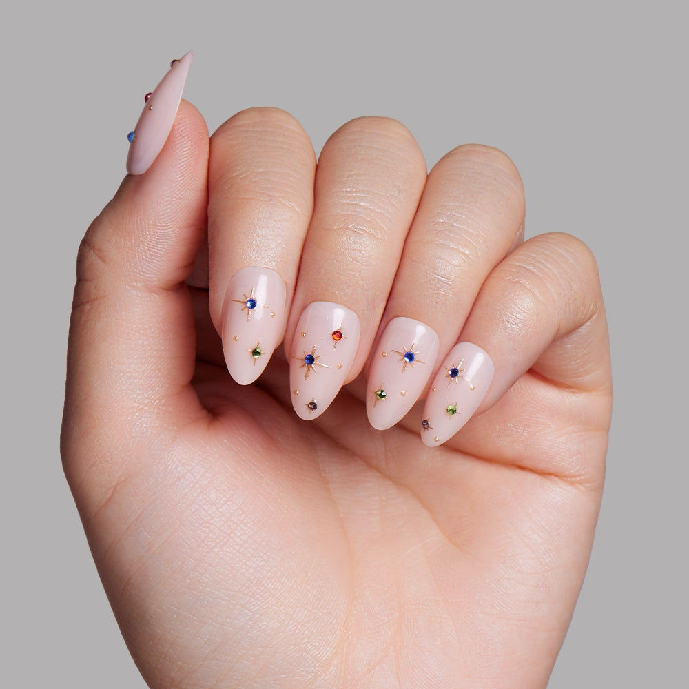 Pale Pink Stiletto with Gold Studs and Gems Pale Pink Stiletto with Gold Studs and Gems — Short Prom Nails 2027