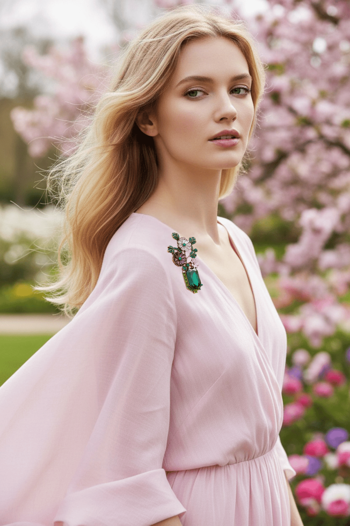Shoulder Accent: Jeweled Brooch on a Pale Pink Wrap Dress Shoulder Accent: Jeweled Brooch on a Pale Pink Wrap Dress — Brooch Outfits 2027