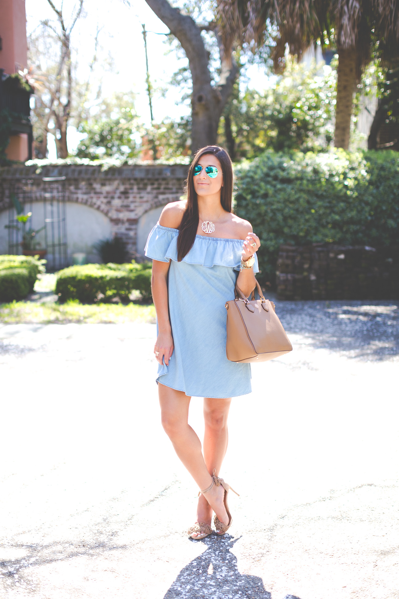 Light Blue Off-the-Shoulder Chambray Dress Light Blue Off-the-Shoulder Chambray Dress — Charleston Outfits 2027