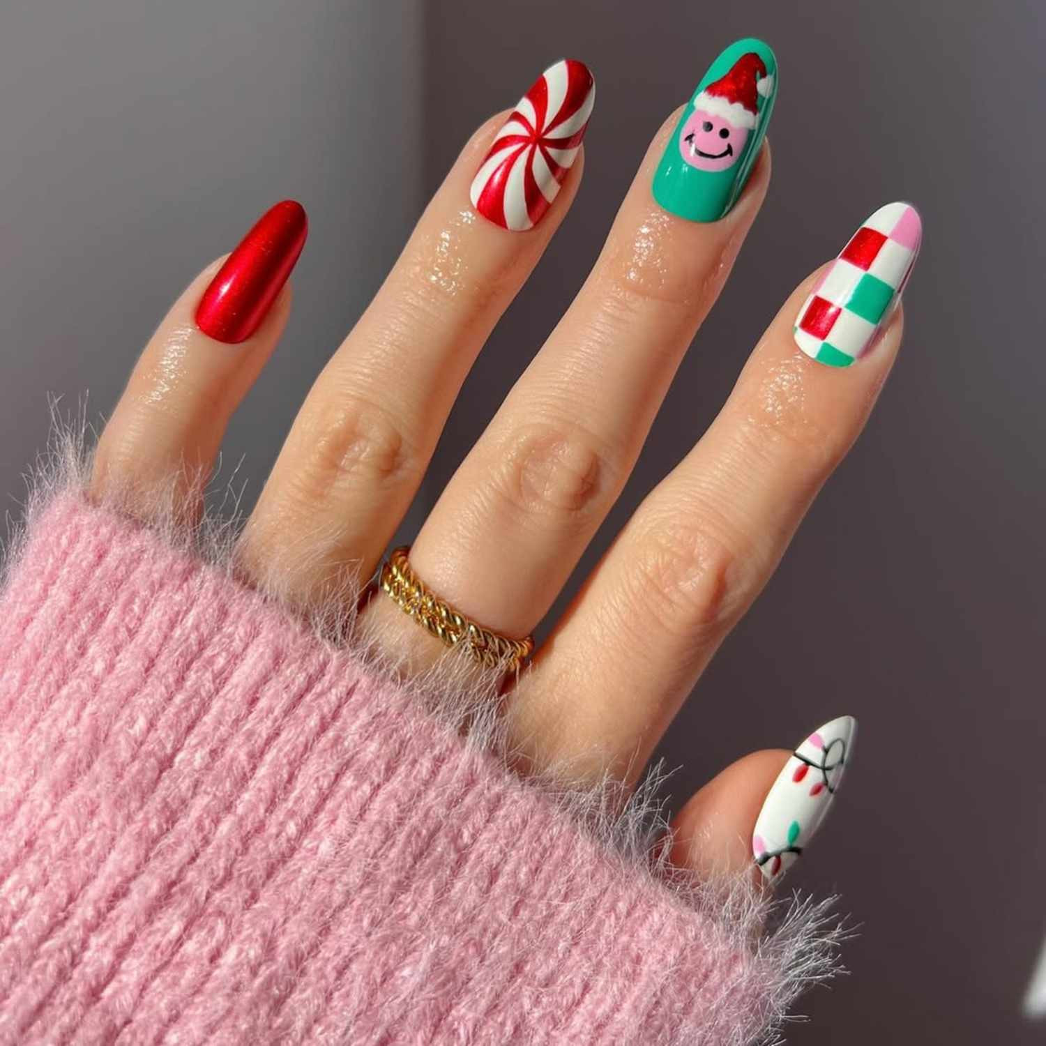 Whimsical Santa Face Long Almonds Whimsical Santa Face Long Almonds — Christmas Nail Art 2026
