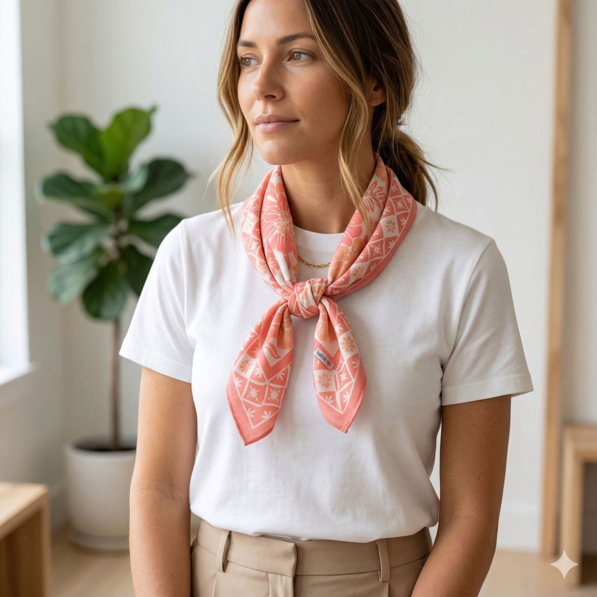 Subtle Neck Detail: Coral Bandana with White Tee Subtle Neck Detail: Coral Bandana with White Tee — Bandana Outfits 2027