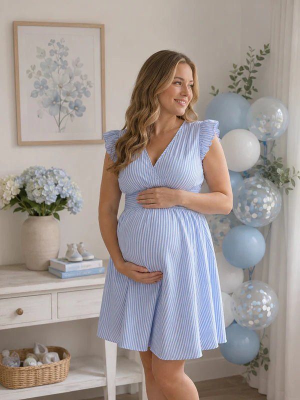 Light Blue Striped Mini Dress with Ruffled Sleeves Light Blue Striped Mini Dress with Ruffled Sleeves — Baby Shower Dress 2027 for Guest