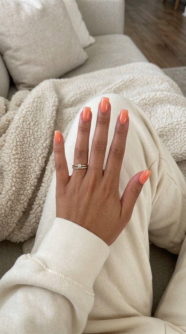 One Hand Opaque Glossy Peach Squares One Hand Opaque Glossy Peach Squares — Peach Square Nails 2027