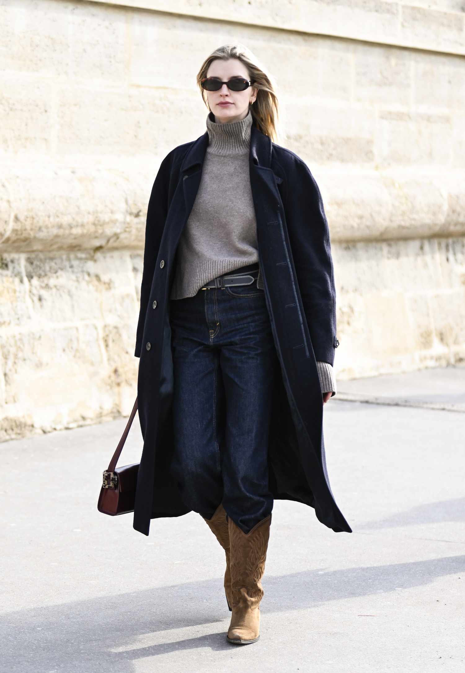 Street Style Ready: Wide Leg Jeans with Cowboy Boots and Navy Coat — Wide Leg Jeans 2027