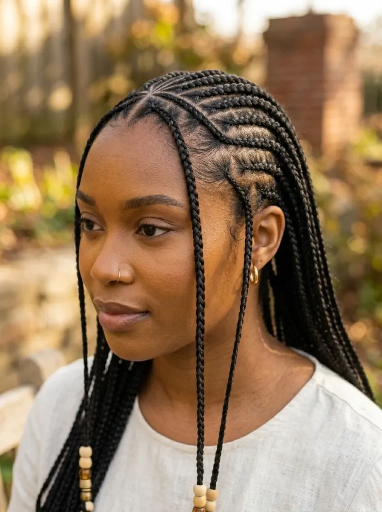No Bangs Mid-Back Braids With Wooden Beads and Rings — Tribal Braids 2027