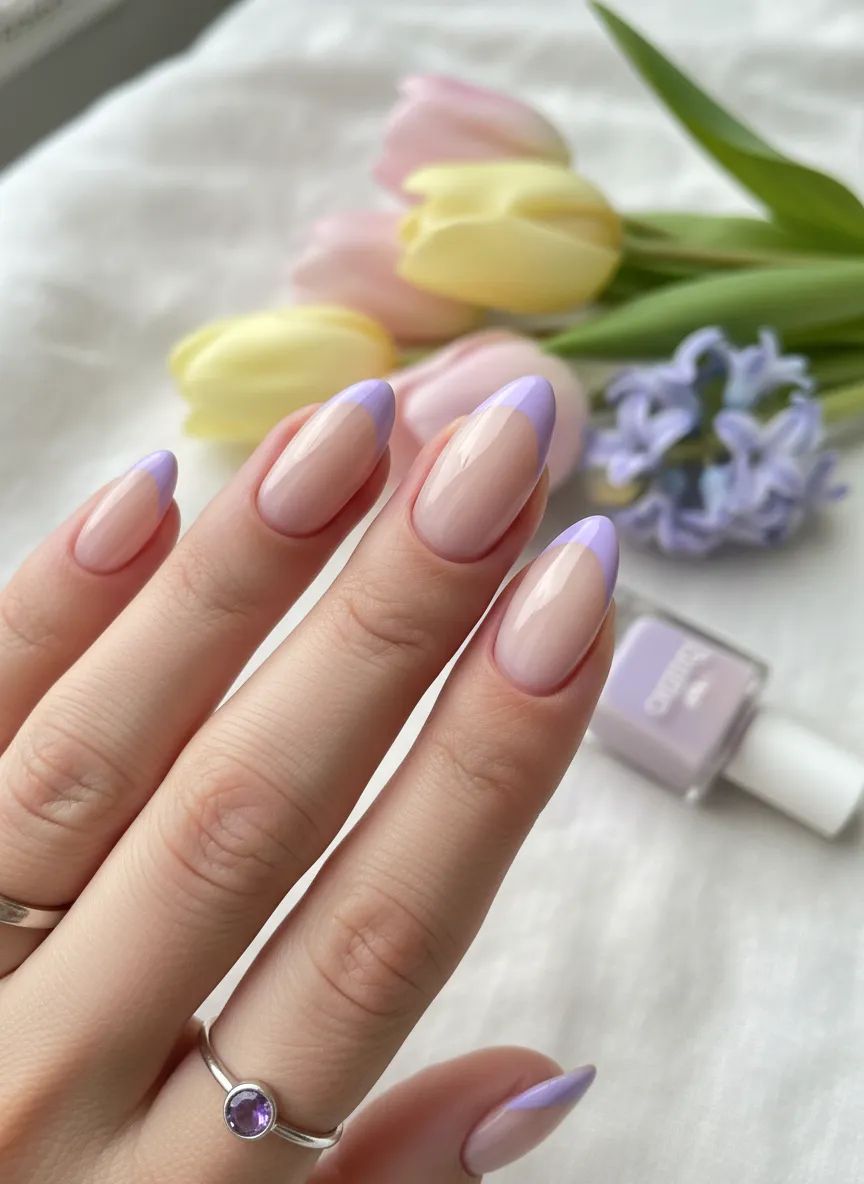 One Hand Sheer Nude Pastel Purple French Tip Almond One Hand Sheer Nude Pastel Purple French Tip Almond — Pastel Purple Nails 2027