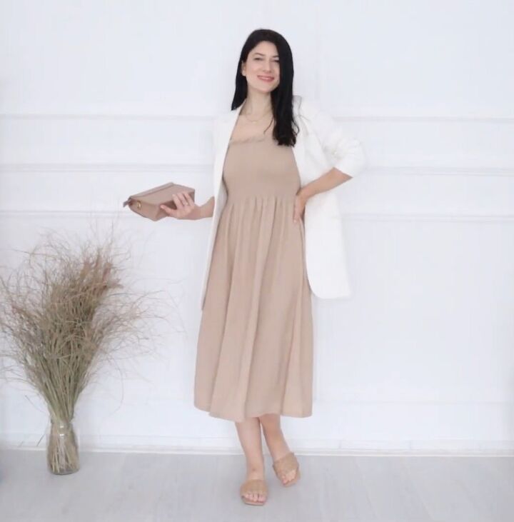 Beige Midi Dress with White Blazer and Sandals — Beige Spring Outfits 2027