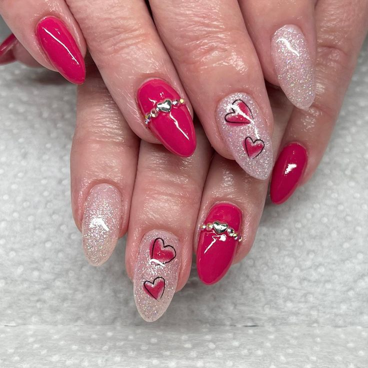 Vibrant Pink Hearts with Silver Embellishments Vibrant Pink Hearts with Silver Embellishments — Glitter Nails 2027