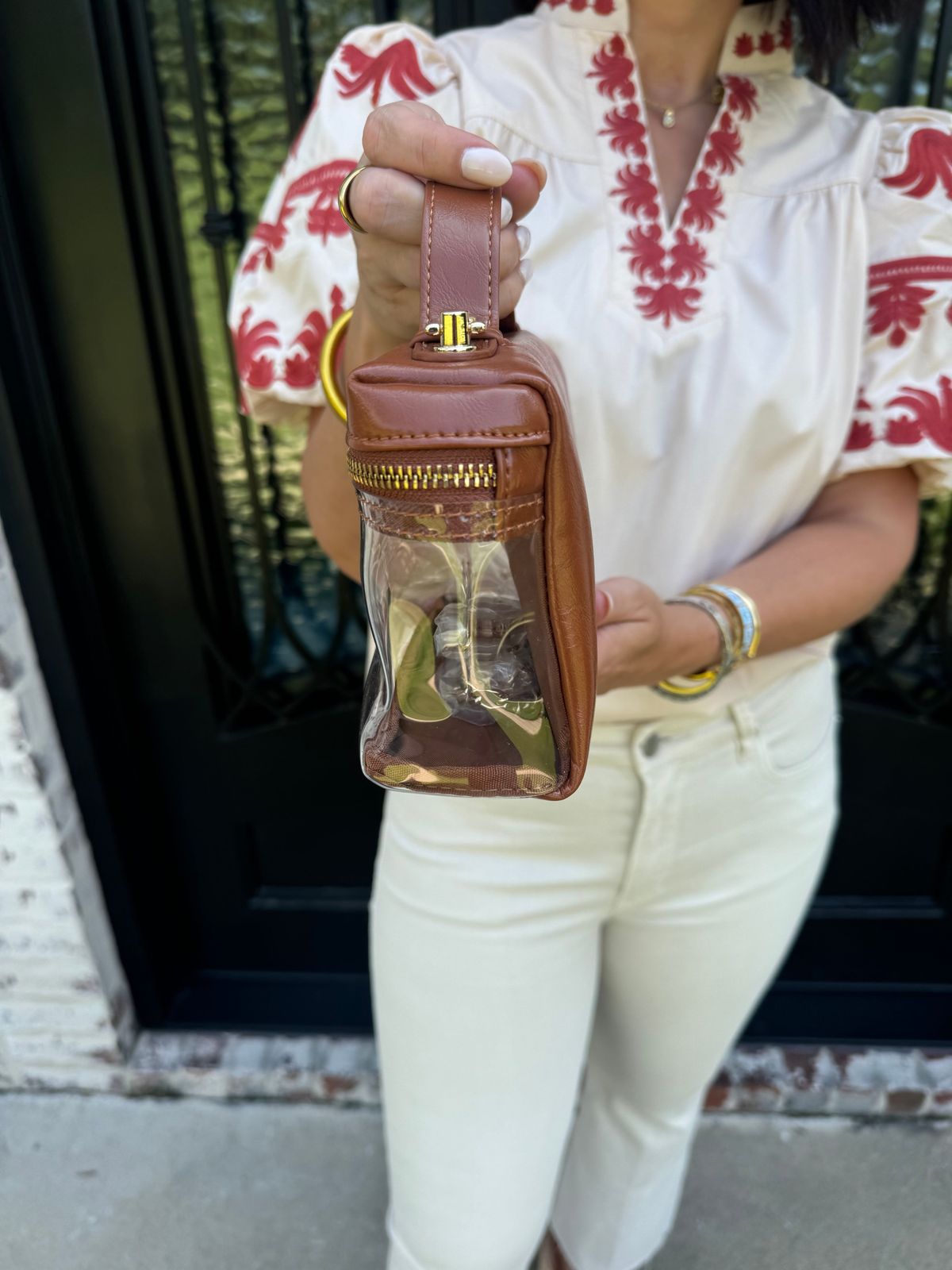 Embroidered Blouse and Cream Jeans with a Clear Mini Bag — Clear Bag Outfits 2027