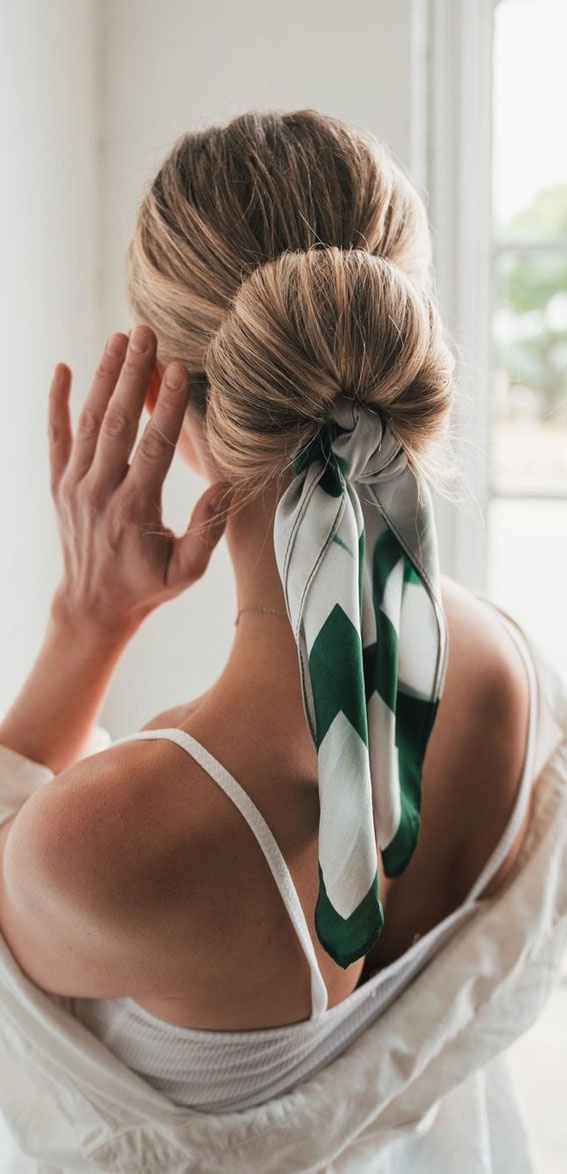 Blonde Low Bun With Green Scarf Blonde Low Bun With Green Scarf — Scarf Hairstyles 2027