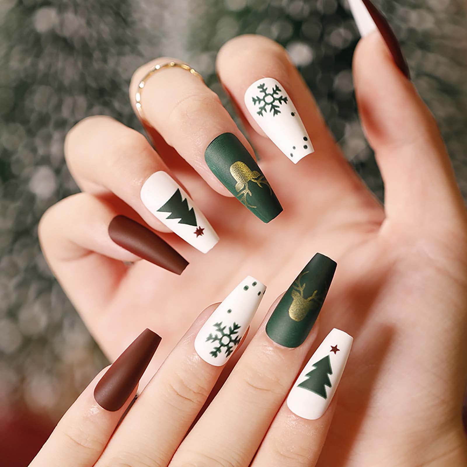 Brown White Green Christmas Motif Matte Nails Brown White Green Christmas Motif Matte Nails — Matte Christmas Nails 2026