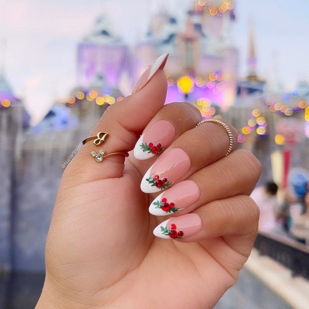 Long Almond French With Holly Accents Long Almond French With Holly Accents — Holly Nails 2027