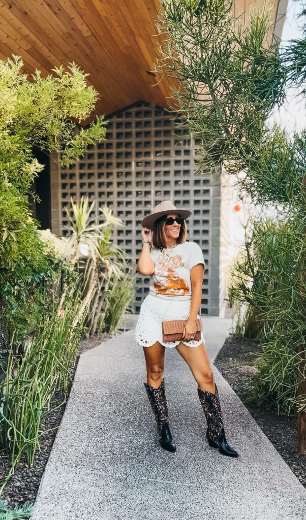 Graphic Tee and Lace Skirt with Patterned Boots Graphic Tee and Lace Skirt with Patterned Boots — Country Concert Outfits 2027
