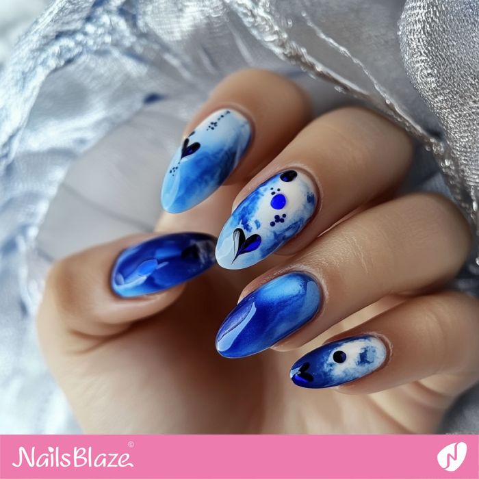 Medium Almond Vibrant Blue Hearts — Blue Watercolor Nails 2027