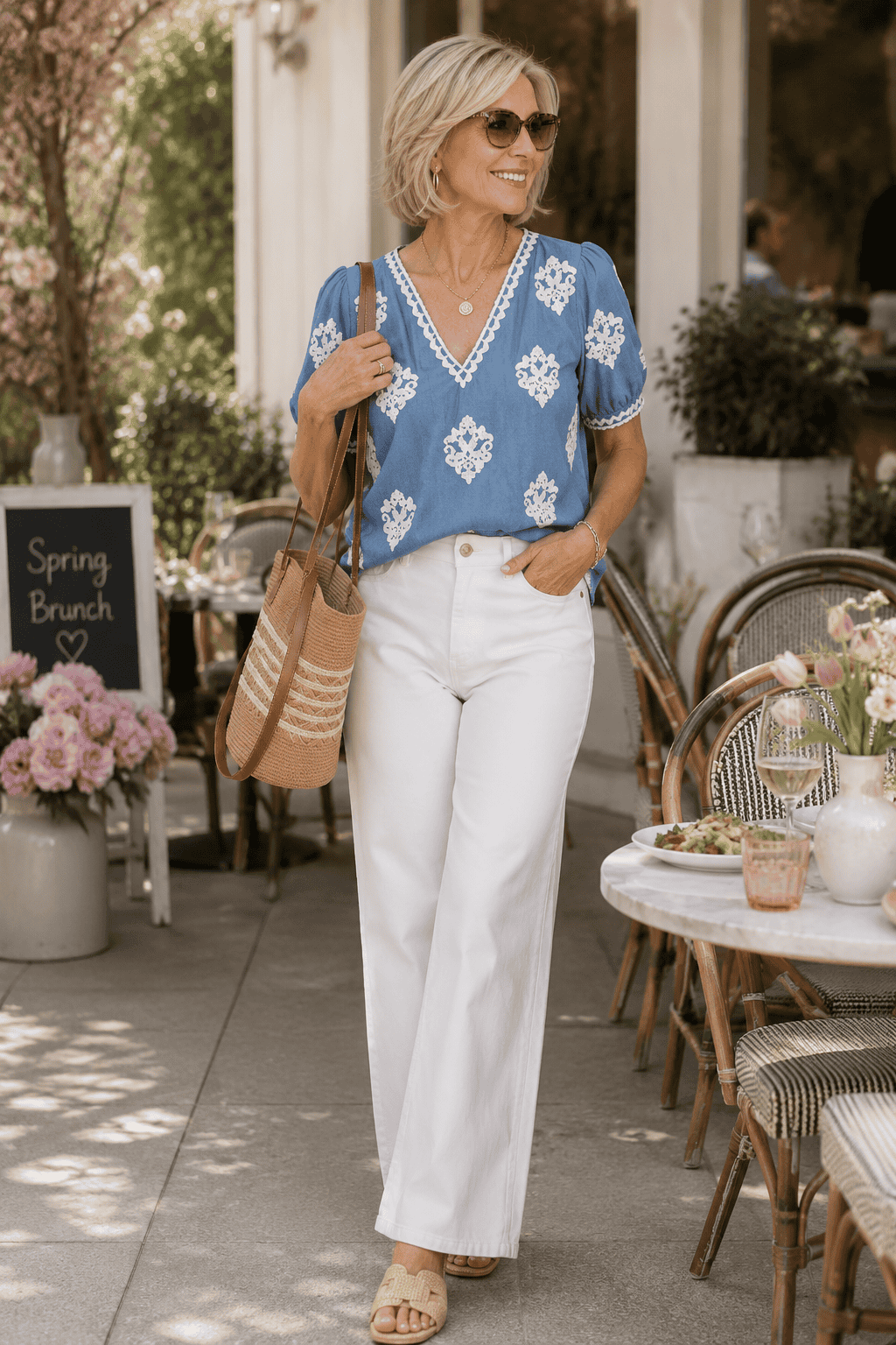 Embroidered Blue Top with White Wide-Leg Jeans for a Casual Brunch Embroidered Blue Top with White Wide-Leg Jeans for a Casual Brunch — Brunch Outfits 2027