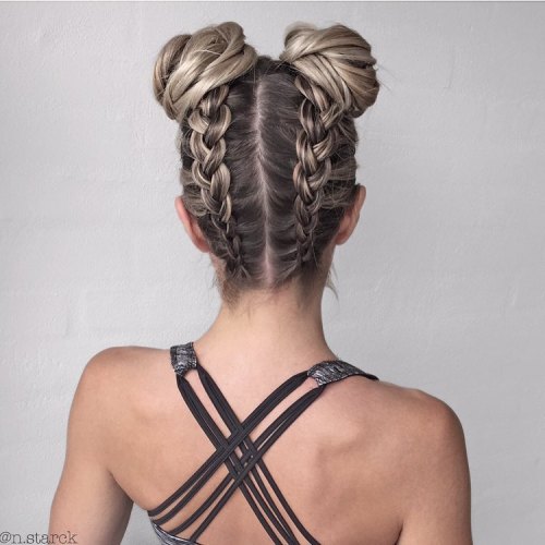 Blonde Dutch Braids into Double Space Buns Blonde Dutch Braids into Double Space Buns — Game Day Hairstyles 2026
