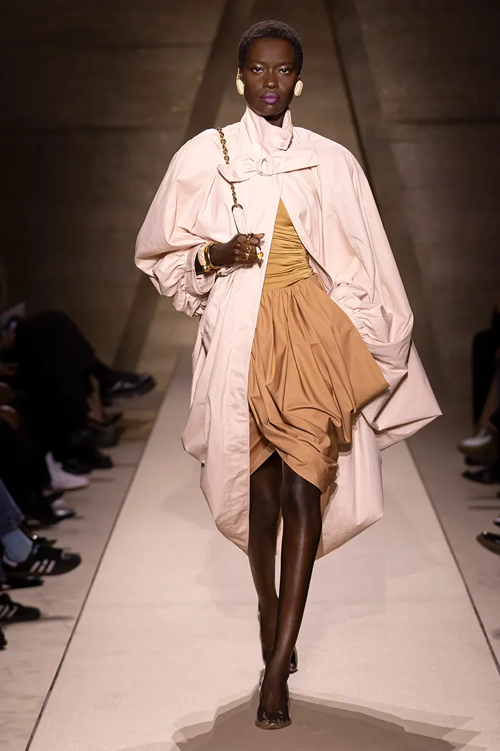 Oversized Pale Pink Coat and Ruched Gold Dress Oversized Pale Pink Coat and Ruched Gold Dress — Glamoratti Outfits 2027