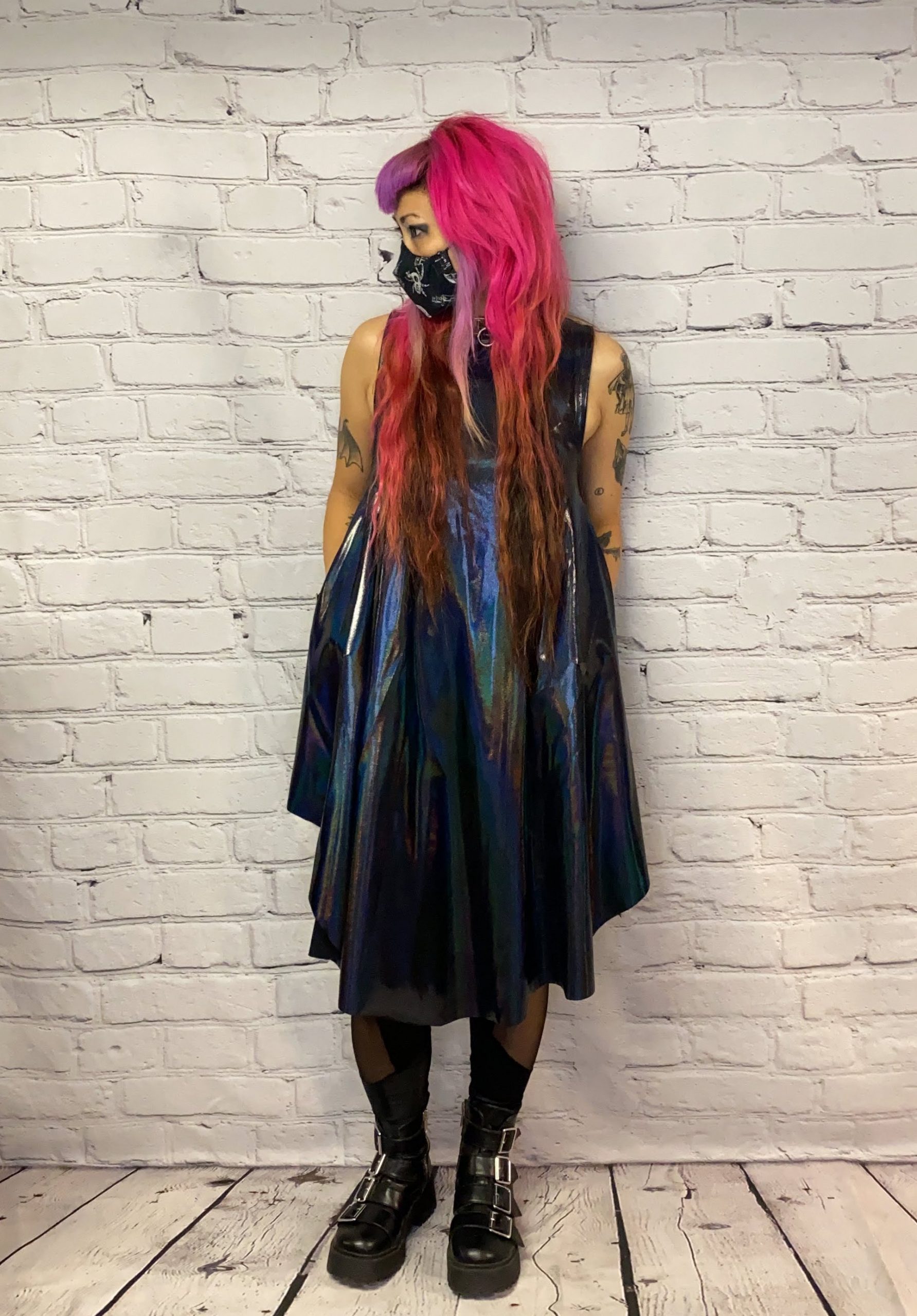 Black Holographic Midi Dress with Pockets and Platform Boots — Holographic Outfits 2027