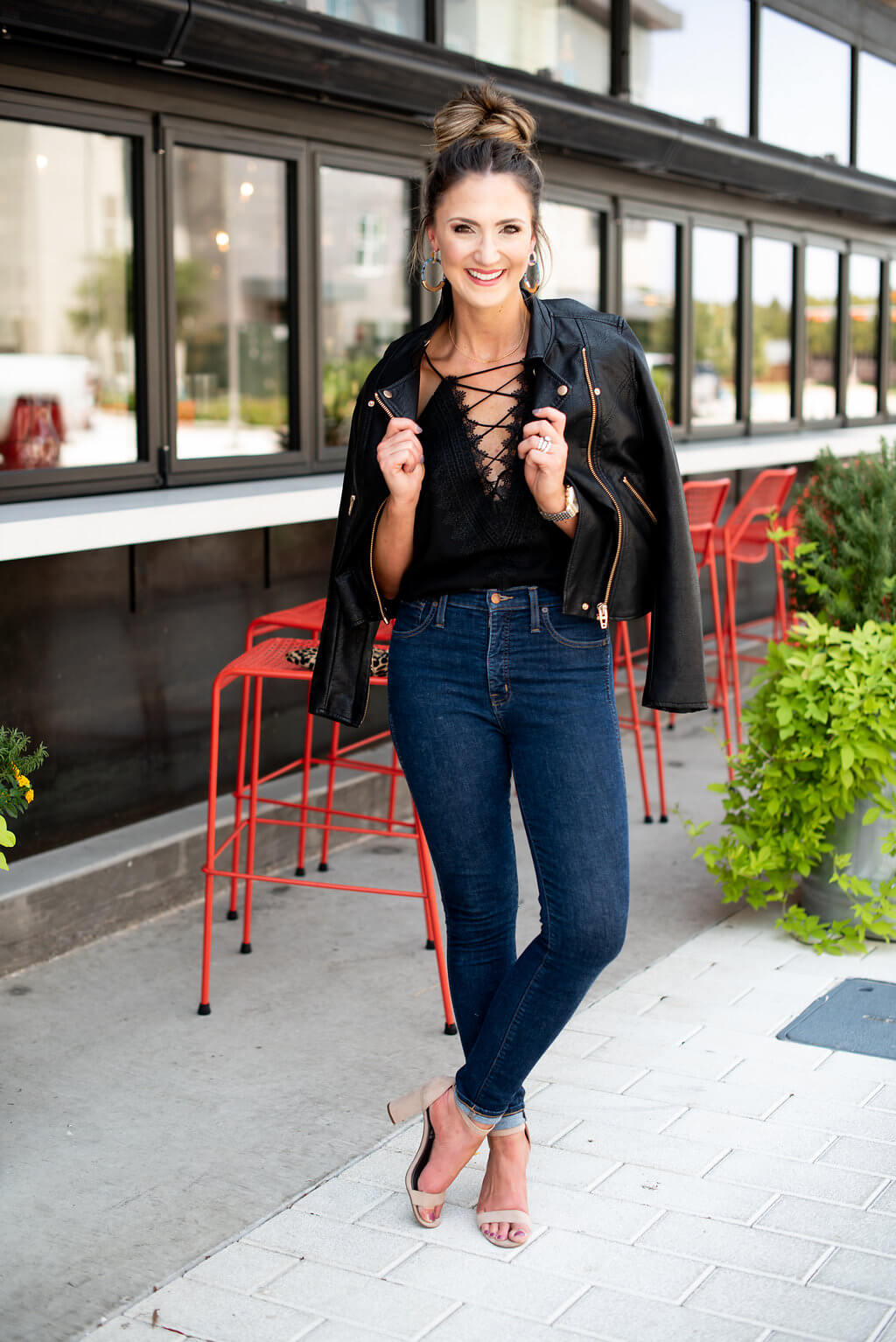 Edgy Evening Out: Leather Jacket Over Lace Bodysuit — Dallas Outfits 2027