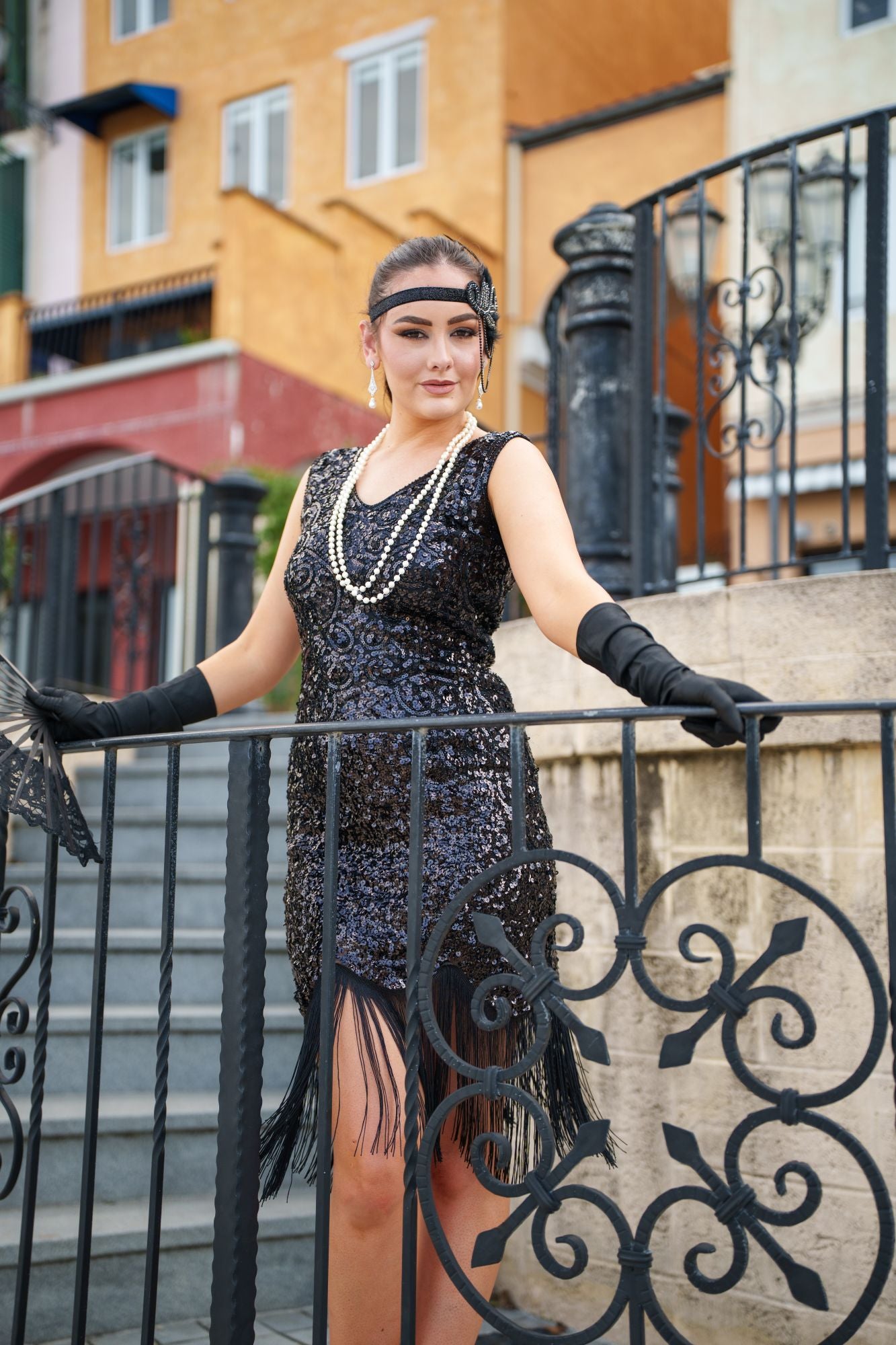 Party Evening Black Sequined Flapper Dress with Beaded Headband — Gatsby Outfits 2027